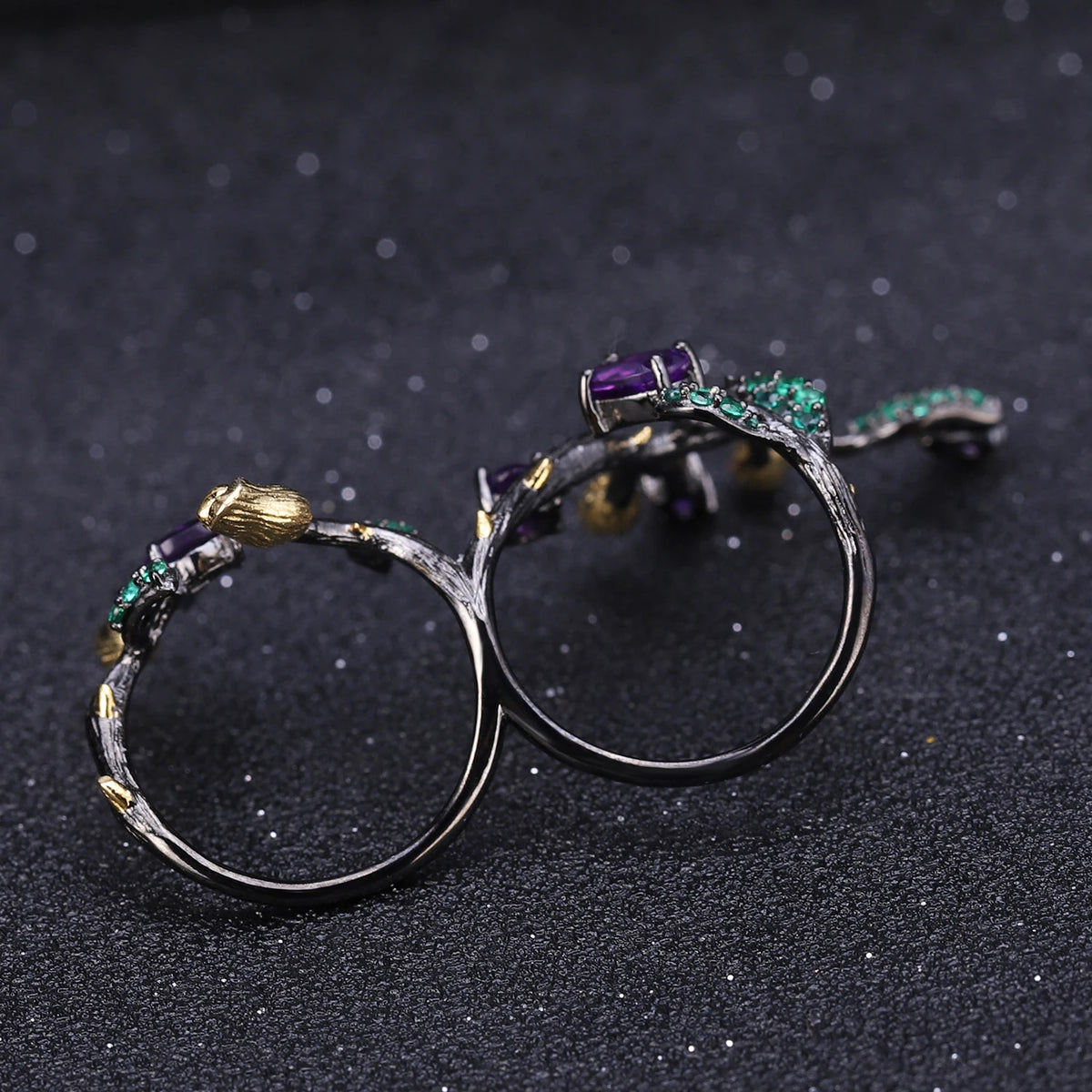 ArtistA Forest Ball Theme Sterling Silver 925 Natural Amethyst Two Finger Ring & Earrings Jewelry Set Floral Branch Design