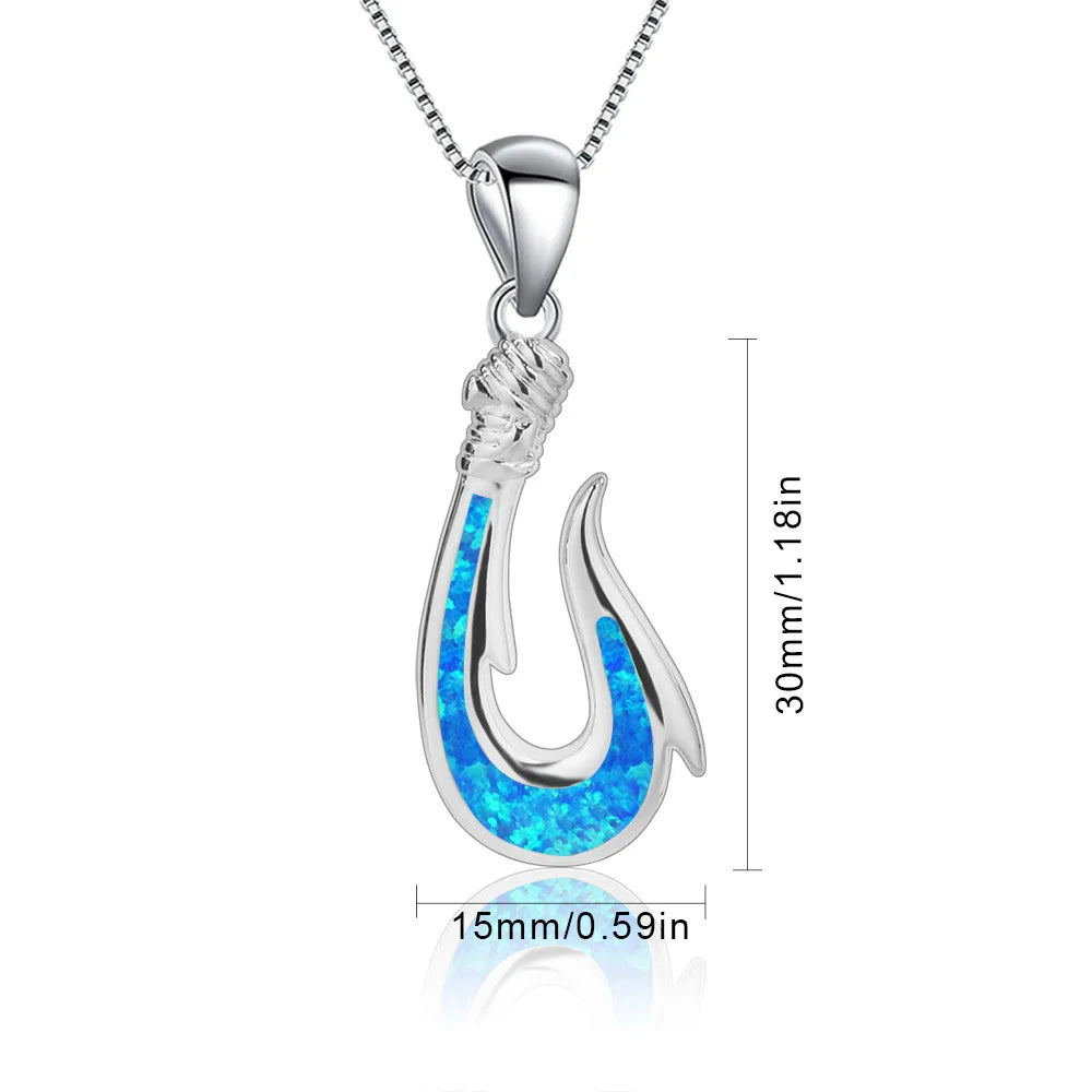 Aobao Christian Ocean-style Versatile Silver Plated Copper Alloy Link Chain Anchor Clavicle Featuring Blue Fishhook Pendant Opal