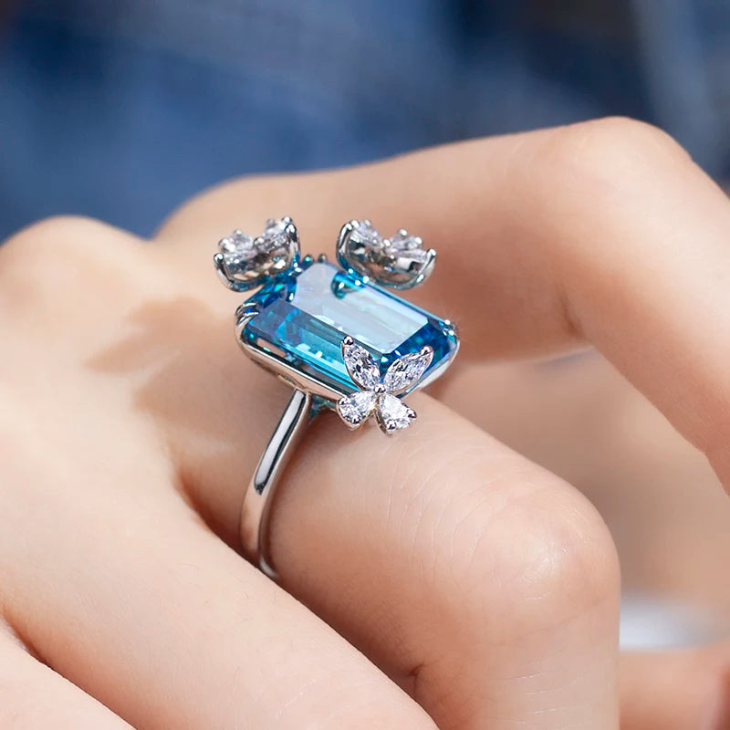 Messi Jewelry MSR-948 High Carbon Cubic Zircon Blue Diamond Ring Jewelry S925 Emerald Cut   Engagement Wedding Ring