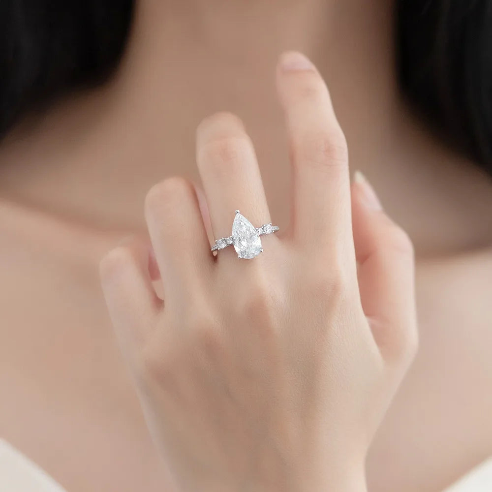 MuShan Jewelry Factory New Water Drop Simulation Diamond Pure Silver Zircon Ring for Women Niche Light Luxury Ring