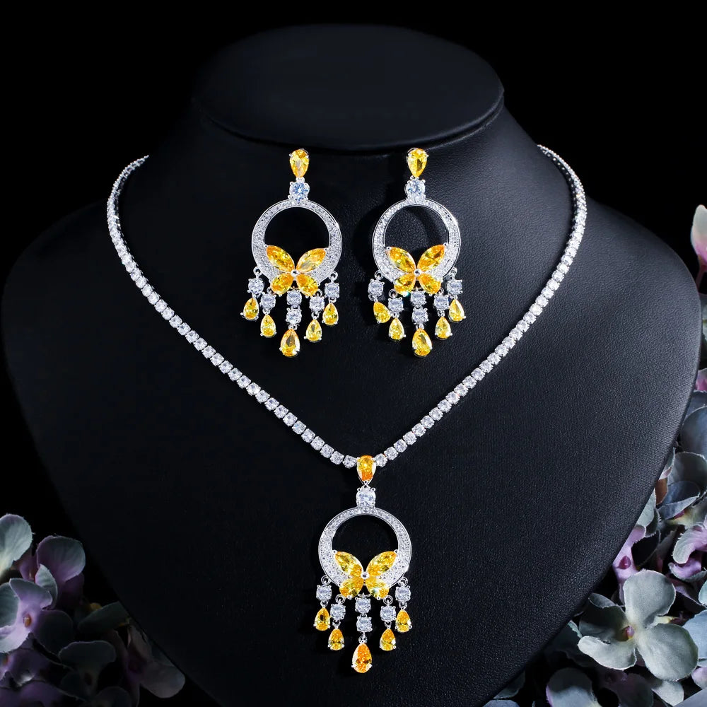 Shimmering Noble Green Cubic Zirconia Chandelier Tassel Drop Big Necklace and Earrings Nigerian Women Prom Wedding Jewelry Set