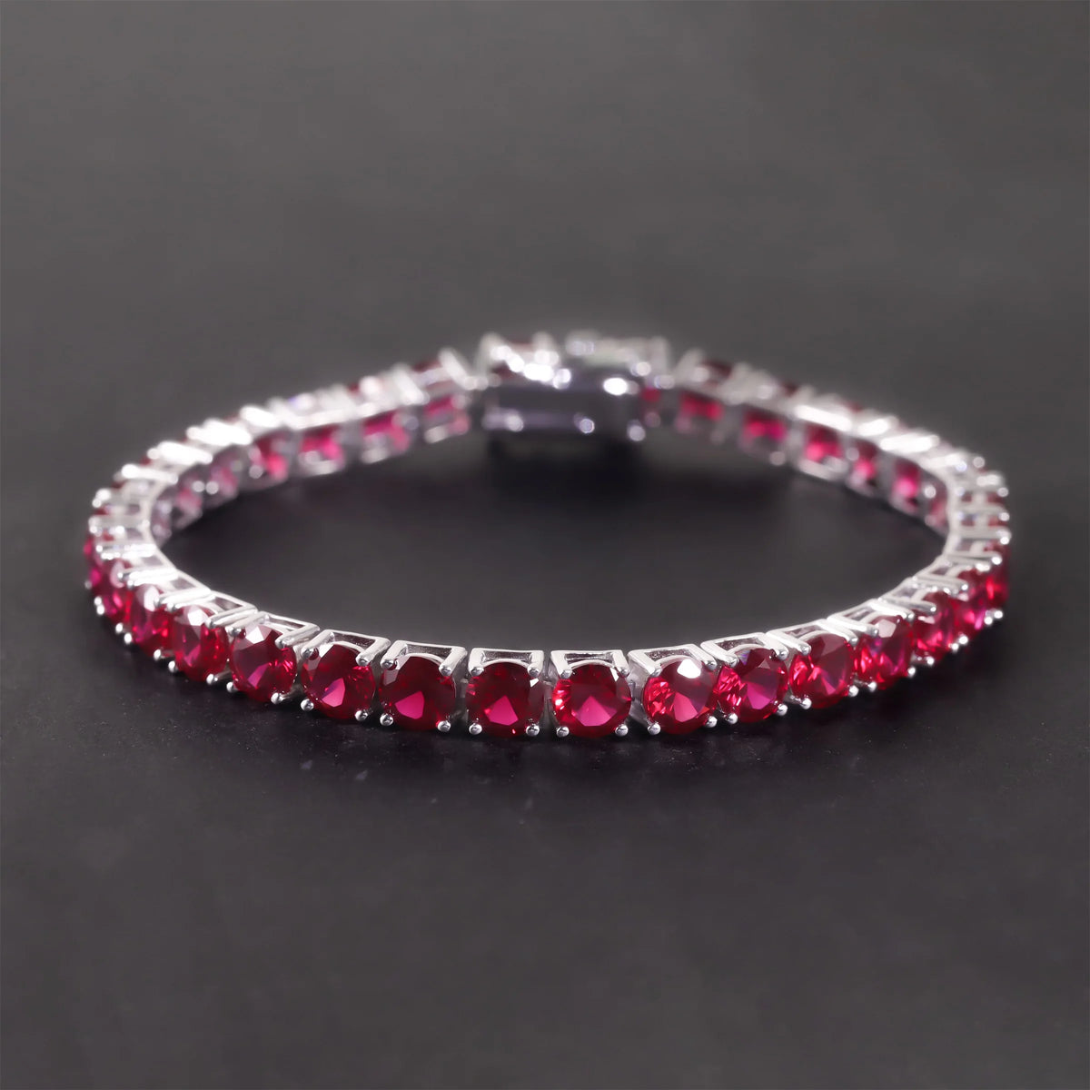 Gemfiori 7IN 925 Silver Gemstone Bracelet 5MM Pigeon Blood Red Lab Grown Ruby Silver Women Round Tennis Bracelet