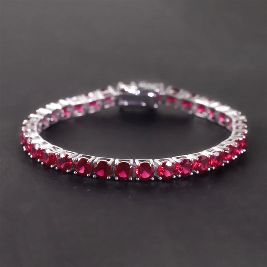 Gemfiori 7IN 925 Silver Gemstone Bracelet 5MM Pigeon Blood Red Lab Grown Ruby Silver Women Round Tennis Bracelet