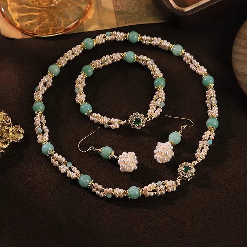 GLSEEVO Natural Freshwater Pearl & Green Stone Jewelry Set | Necklace & Bracelet | GS0241 | SASSARRI Collection