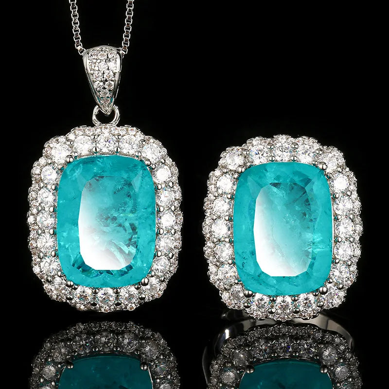 REDheart Copper Inlaid Zircon Gold-Plated Trendy Flower Shape Necklace Simulation Paraiba Blue Temperament Suit Women's Jewelry Set