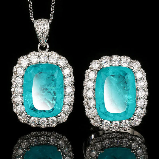 REDheart Copper Inlaid Zircon Gold-Plated Trendy Flower Shape Necklace Simulation Paraiba Blue Temperament Suit Women's Jewelry Set