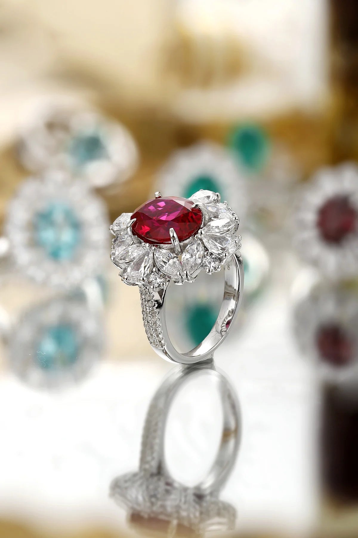 Gemfiori S925 Silver Cultivated Ruby Ring Main Stone:5.07 CT Side Stones:5.81CT Weight: 7.7g