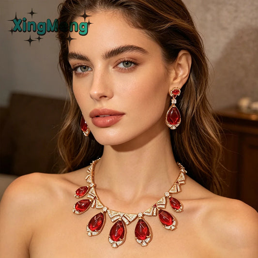 XM S162 Luxury Gold Tone Red Crystal Teardrop Jewelry Set for Women Wedding Party Formal Jewelry