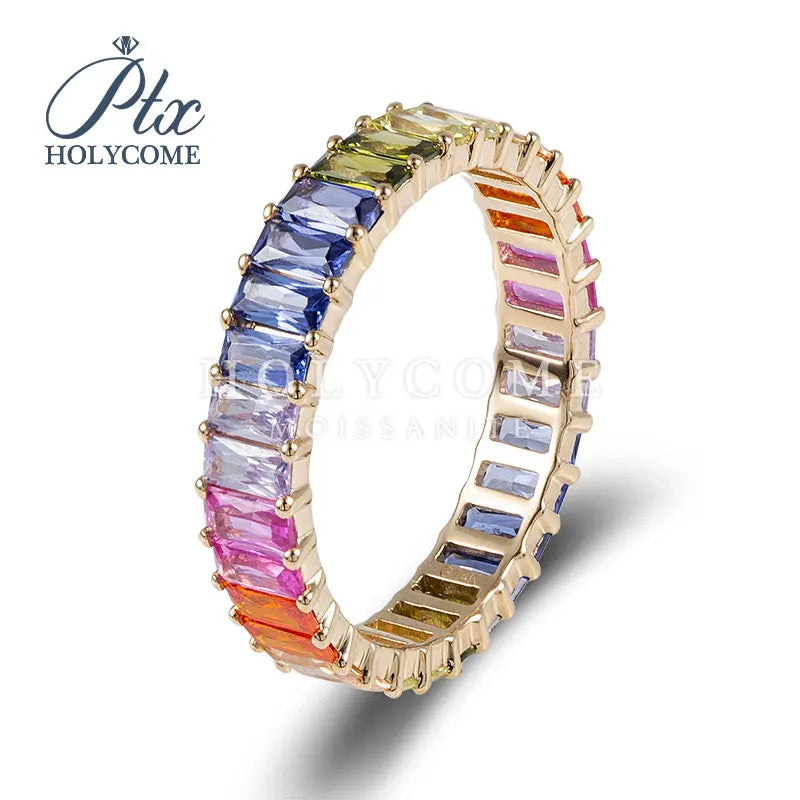 Gemfiori Real 18k Solid Gold Ring Colorful 3x5mm Rectangular Moissanite Diamond Women Ring Luxury Fashion Wedding Engagement Ring