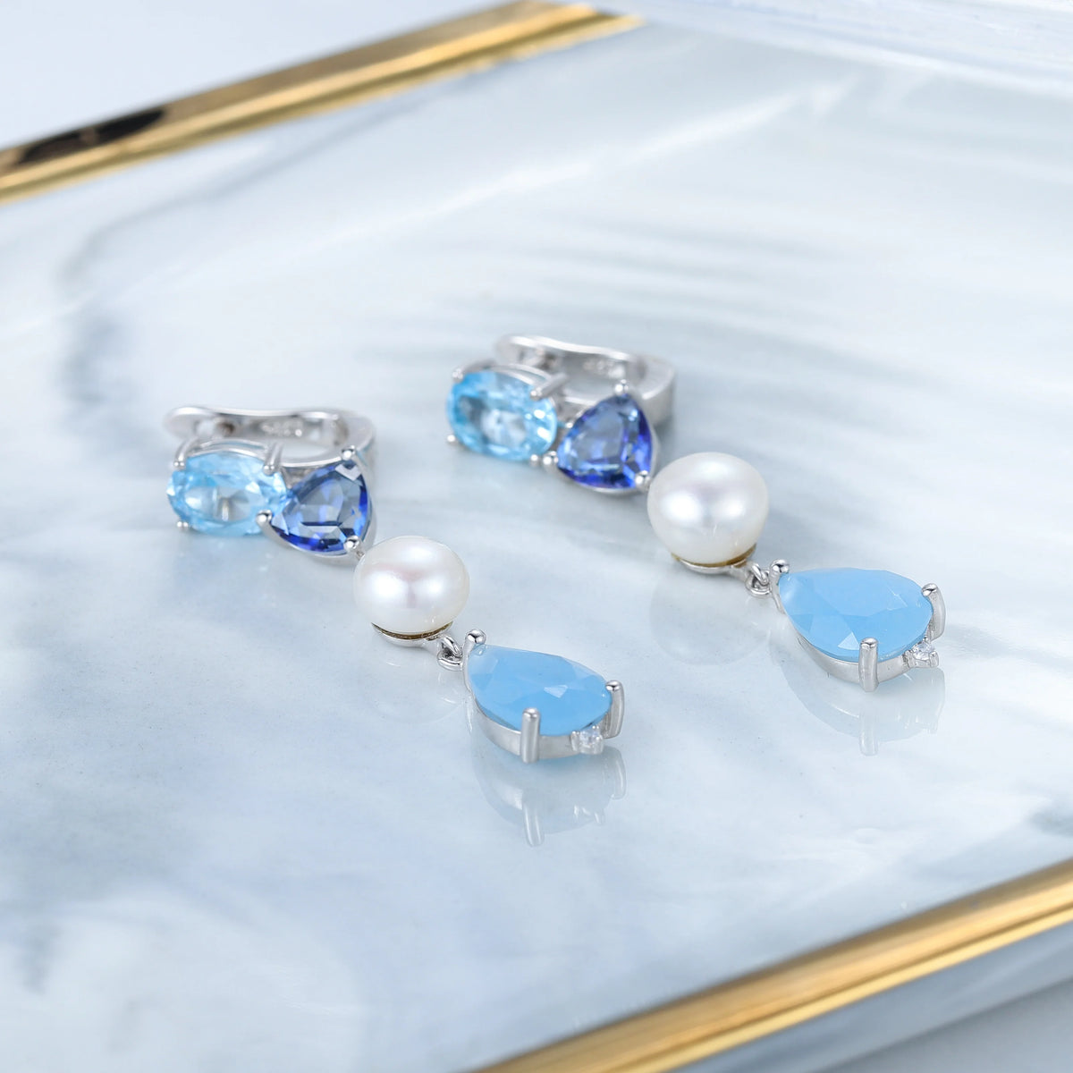 ArtistA C8319 Abding Elegant Classic Natural Mix Gemstone Aqua-blue Calcedony Pearl Mystic Quartz 925 Silver Fine Jewelry Bridal Set