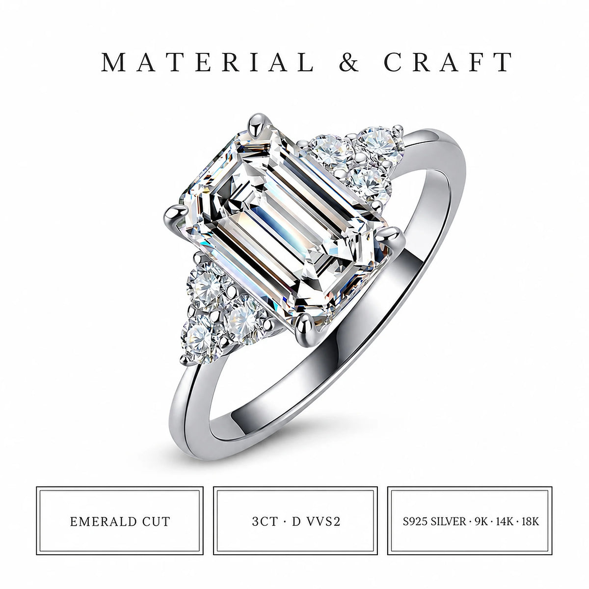Gioiellieri D VVS2 High Clarity Emerald Cut Lab Grown Diamond Ring 3Carat 9K/10K/14K/18K White/Yellow/Rose Gold Women Fashion Ring