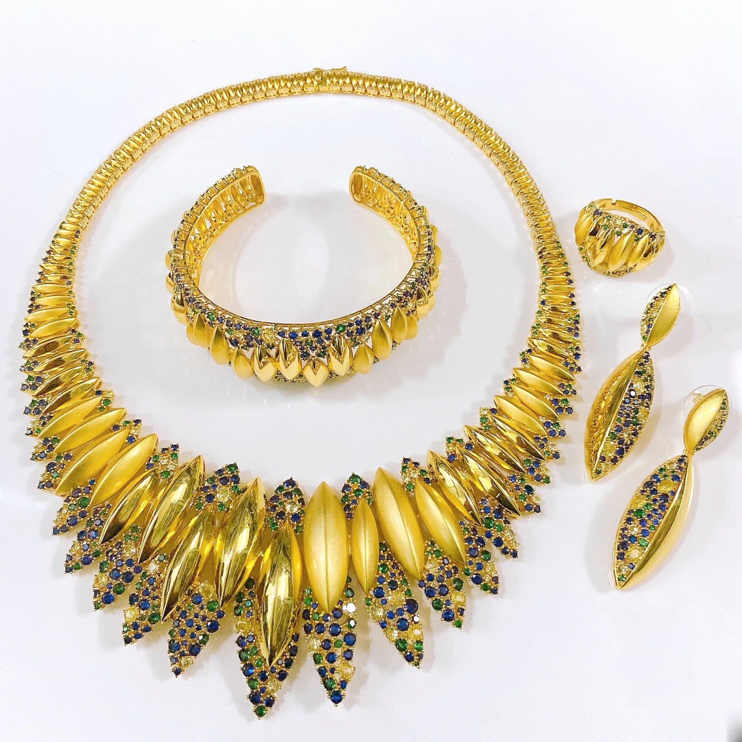 Zhuerrui Cubic Zirconia Gold Jewelry Set Necklace Bracelet Earrings Ring Four-Piece Jewelry Set American Diamond Women's Wedding