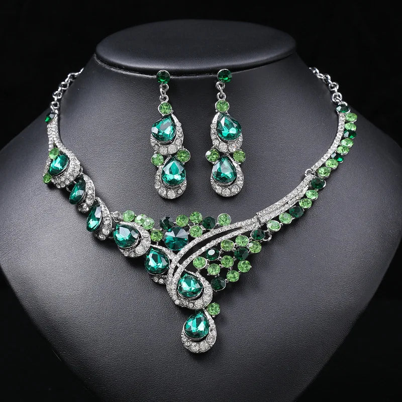 Retro Luxury Crystal Necklace & Earrings Jewellery Set | Rhodium & Gold Plated Banquet Fashion Set