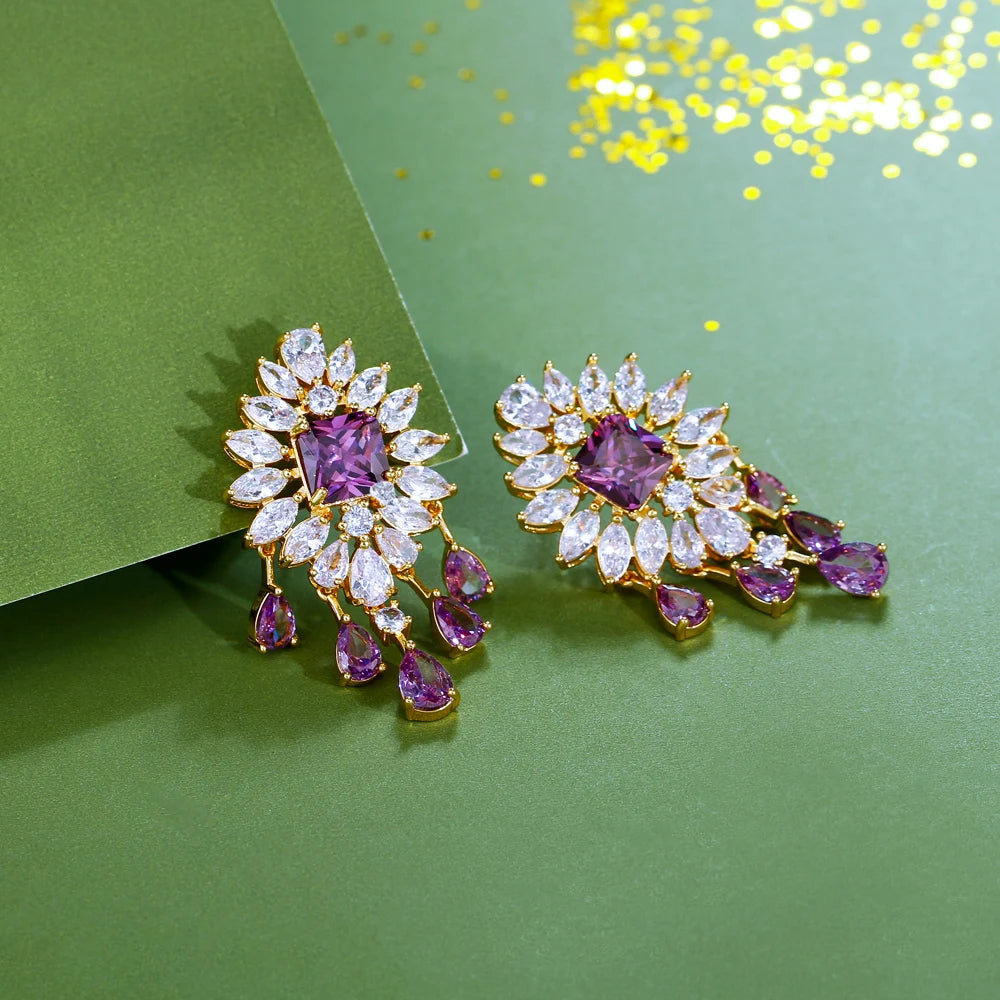 S&S Purple & White CZ Tassel Dangle Drop Earrings | Gold | Bridal Party | NewLife
