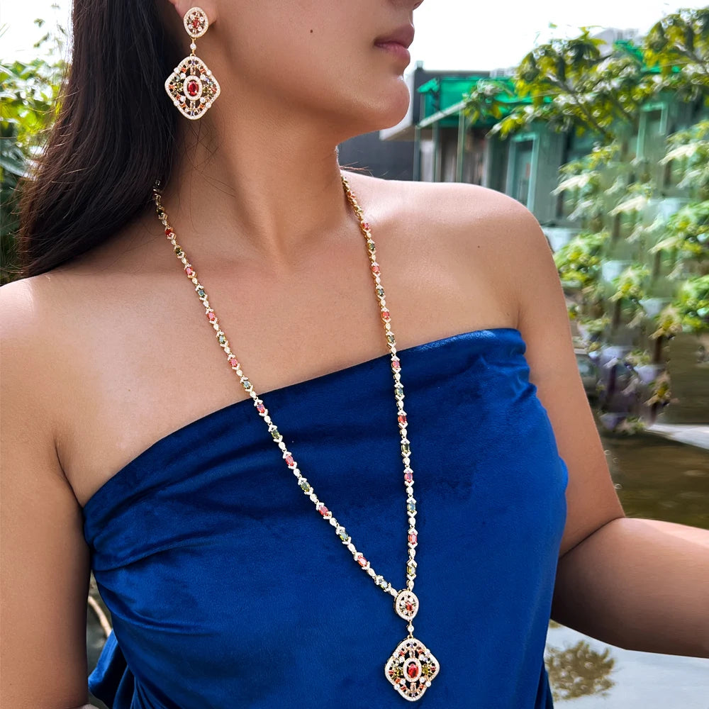 Elegant Multicolor Cubic Zircon Dubai Gold Plated Long Necklace and Earrings Party Wedding Bridal Jewelry Set for Women
