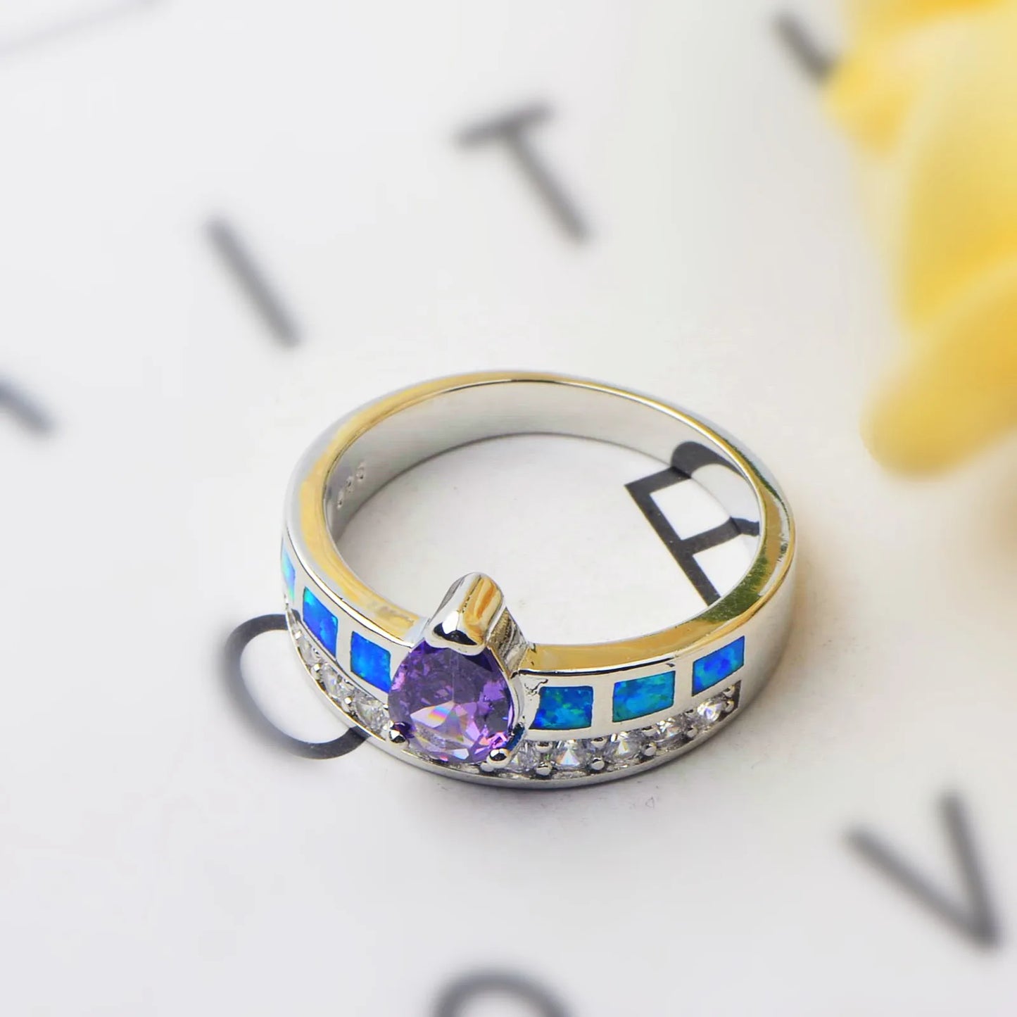 Luxury Teardrop Purple Gem & Blue Opal Ring | Zircon-Accented  Band | Statement Fashion Jewelry for Women Special Occasions