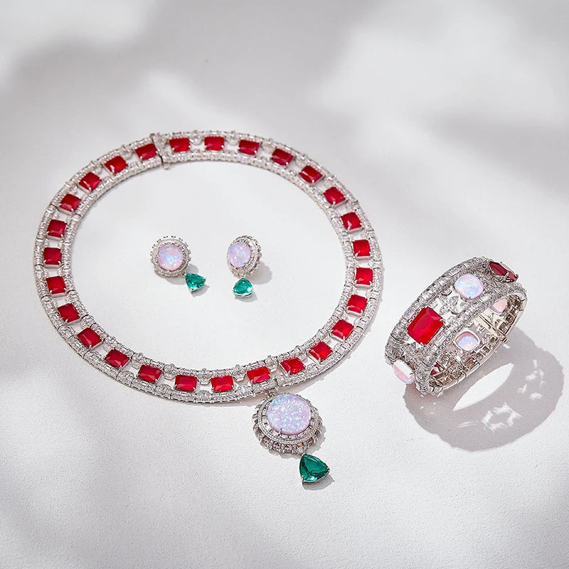 Exquisite and Gorgeous Bridal Wedding 3-Piece Set Unique Opal Zircon Necklace Earrings Bracelet As Large Exhibition Accessories
