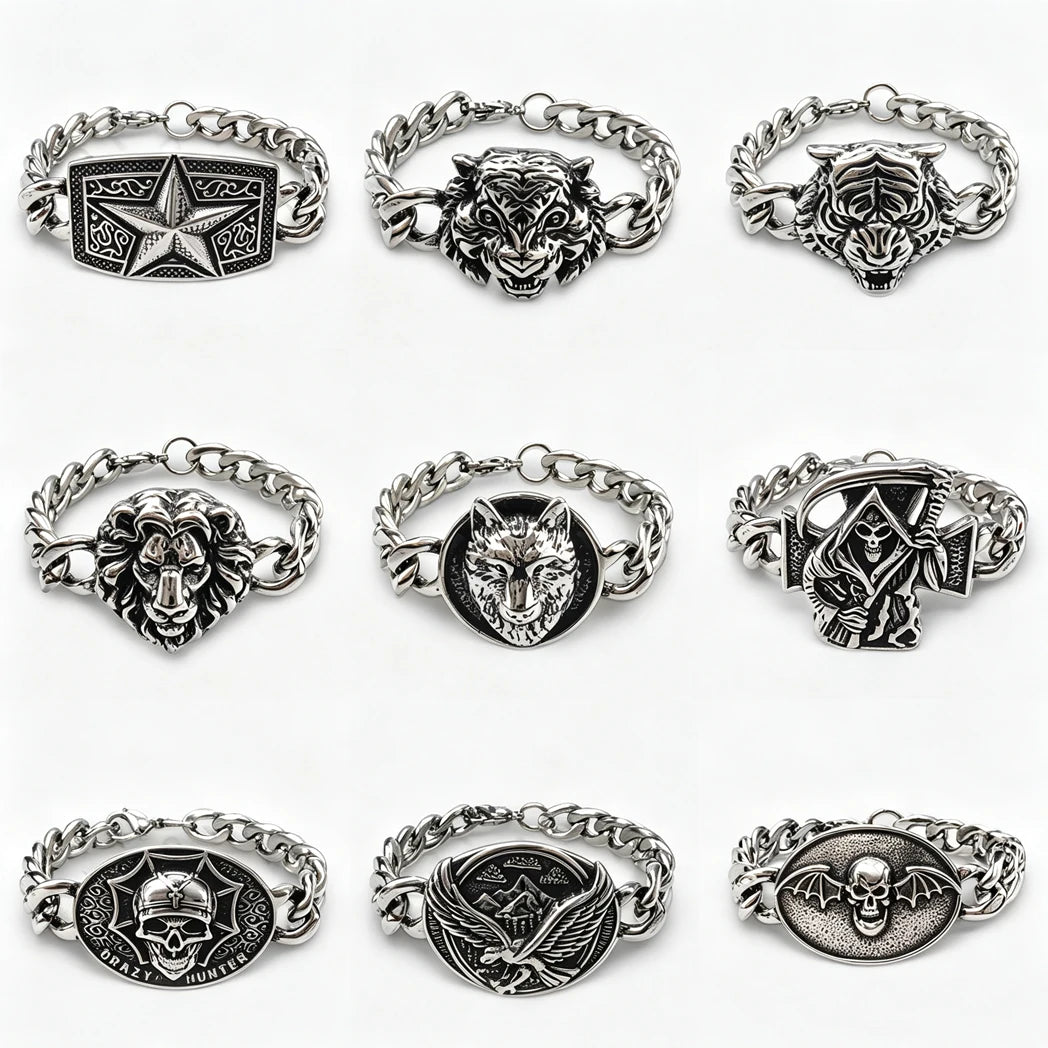 Vintage Men's Stainless Steel Bracelet Gothic Skull Celtic Knot Cross Cuban Chain Woven Braid Street Style Jewelry Gift