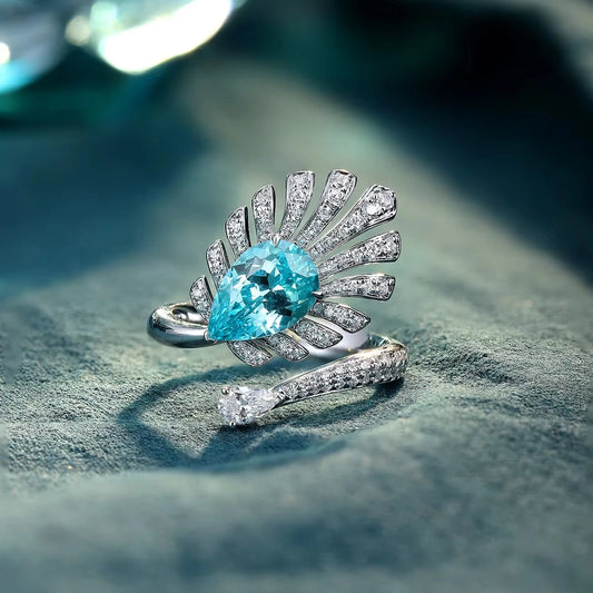 Gemfiori Unique Rings for Women 925 Sterling Silver Ring Lab Grown Paraiba Pear Blue Diamond Rings Jewellery Gift Idea for Her Birthday
