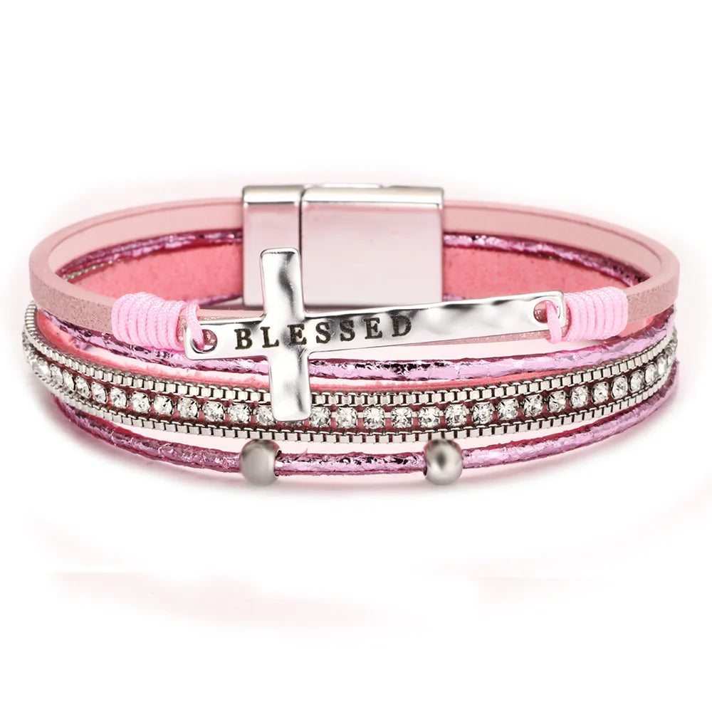 FASHIONISTA Women's Bohemian Cross Charm Bracelet Alloy Micro Diamond Channel Set Magnetic Buckle Customizable Light Luxury Okp