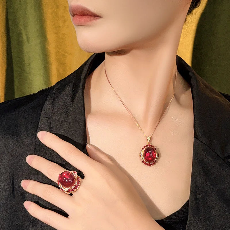 REDheart Fashion Inlaid Zircon Flower Shape 18K Gold Plated Simulation Blue Pointed Crystal Advanced Luxury Necklace Set
