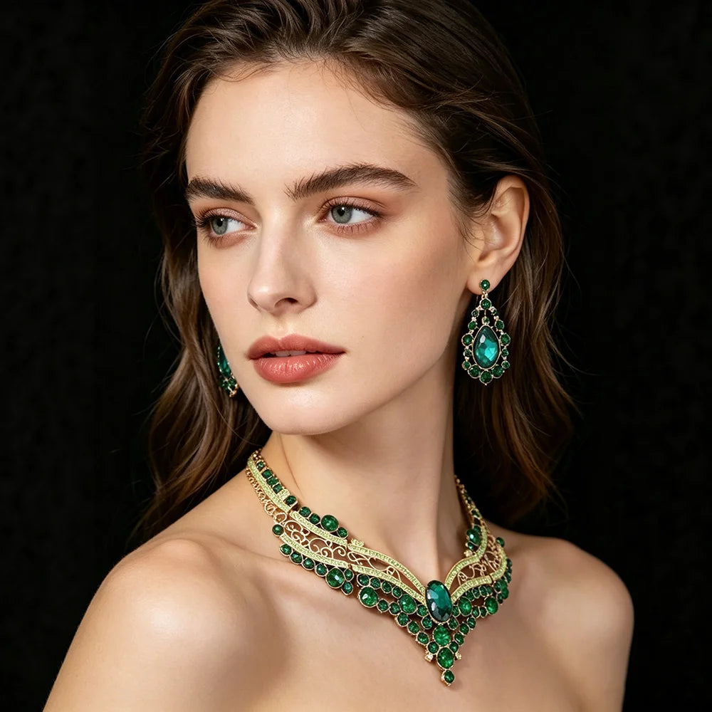 XM S370 Rose Gold Plated Princess Cut Zircon Floral Statement Necklace & Earrings Bridal Set