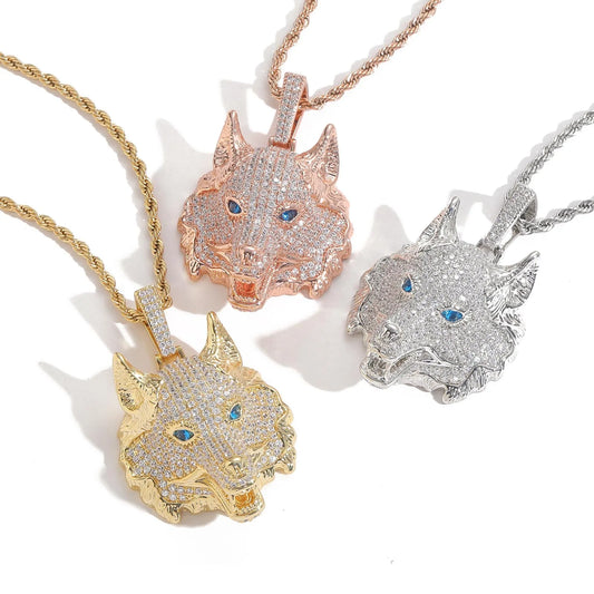 Hip Hop Wolf Head Necklace Pendant with Micro Inlaid Zircon Men's Punk Collarbone Chain Trendy Accessory Gift Wholesale