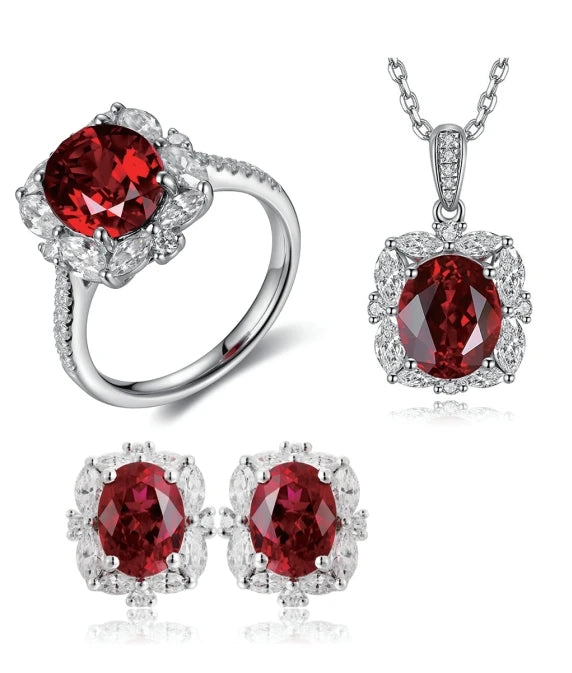 Gemfiori Bridal Jewelry Set Sterling 925 Silver Lab Grown Ruby Ring Necklace Earrings Ladies' Jewelry Set for Her Weddings Party