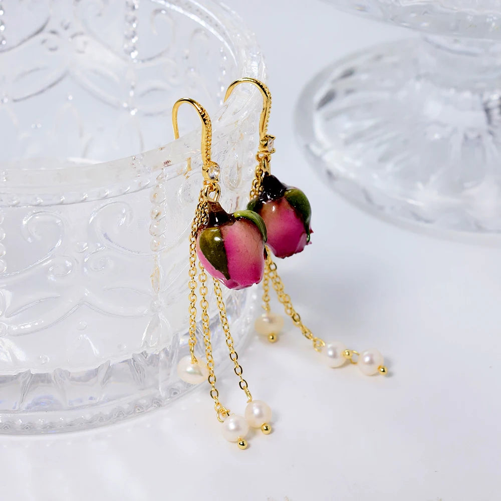 Natural Pearls Bead Dropping Glue Flower Earrings Korean Style Women Luxury Jewelry Fashion Ladies and Girls Gift GE1516