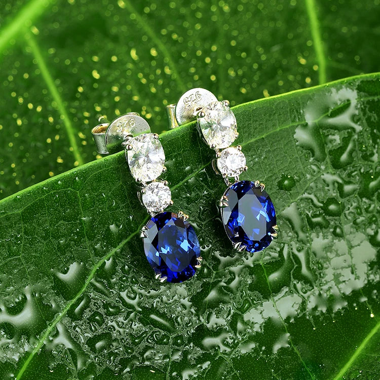 BiG-BOSS S925 Silver Oval Cut Lab Grown Sapphire Blue Color Gemstone Drop Earrings for Women