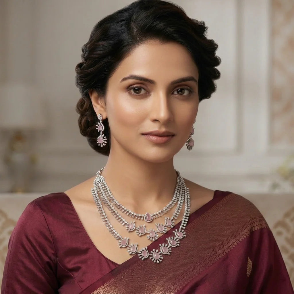 Luxury Layered AD Silver Pink Necklace Set Premium Bridal Wedding Party Wear Jewelry with Matching Earrings for Women