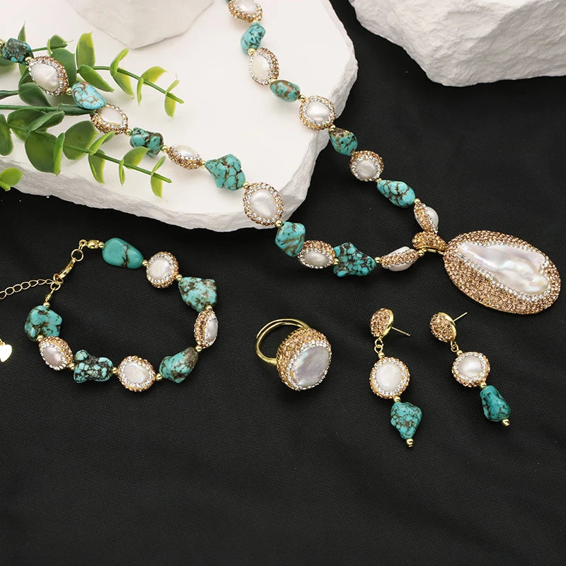XOTICA Natural Baroque Pearl 18K Gold Plated Women's Gift Jewelry Necklace Bracelet Earrings Fashion Designer Jewelry Set