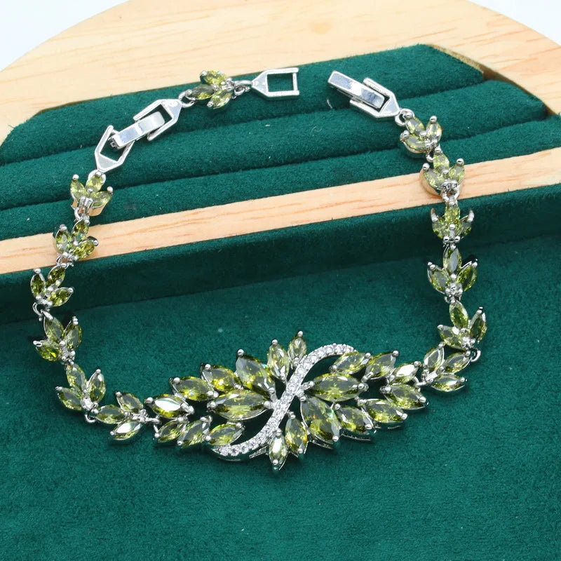 XOTICA Women's Sterling Silver 925 Wedding Jewelry Set Including Bracelet Earrings Pendant Ring Green Peridot Zircon for Party Gift