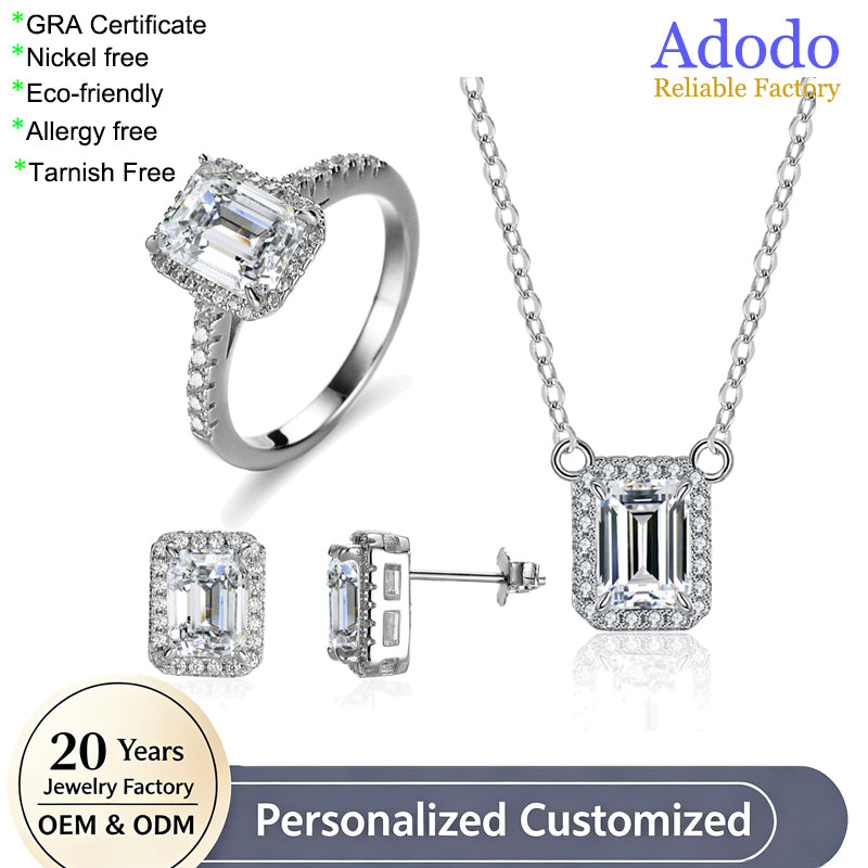ArtistA Famous Jewellery S925 Silver 2 Carat Emerald Cut Moissanite Ring Pendant Necklace Earrings Jewelry Set for Women