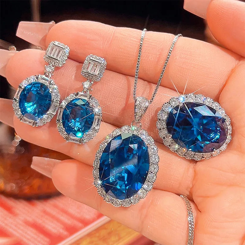 Gemfiori New European and American Luxury Set with Inlaid Blue Zircon Ring Earring Pendant High-end and Exquisite Three Piece Jewelry Set