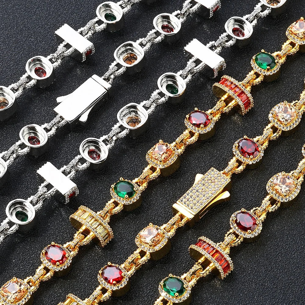 FASHIONISTA Hip Hop Style Colorful Gemstone Bracelet Sparkling Zircon Chain Unisex Gold Plated Brass Charm Bracelet Fashion for Men Women