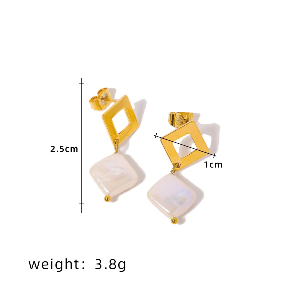 Smooth Hollow Diamond Shape Stainless Steel Drop Earrings for Women Natural Freshwater Pearls No Fade 18K Gold Plated Earring