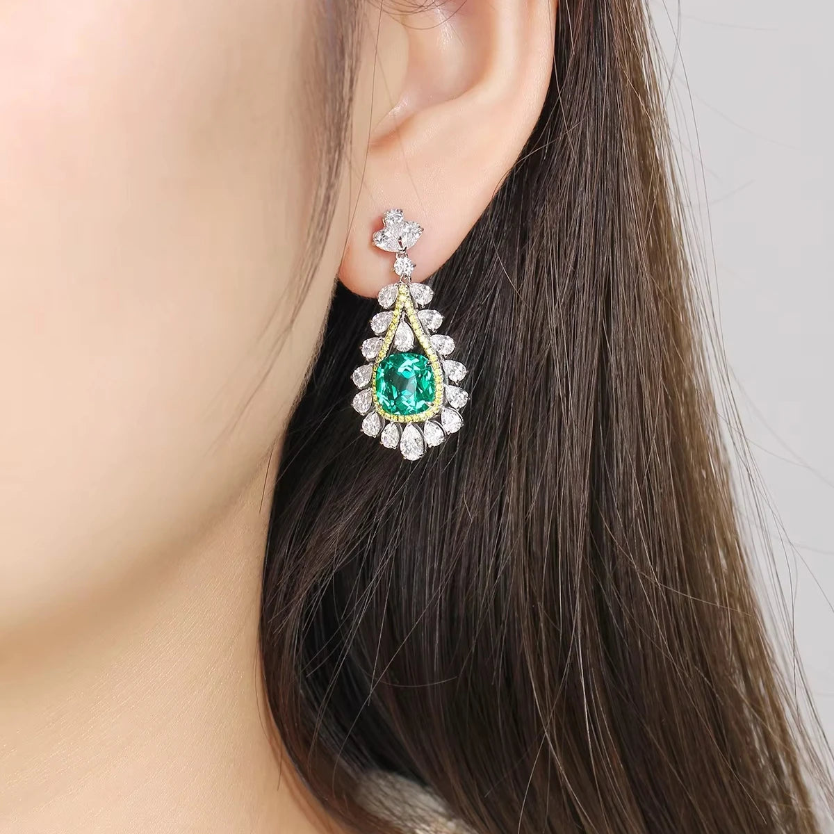 Gemfiori 925 Sterling Silver Earrings Lab Grown Emerald Drop Earrings for Women Vintage Jewelry Gift Idea for Her Wedding Party