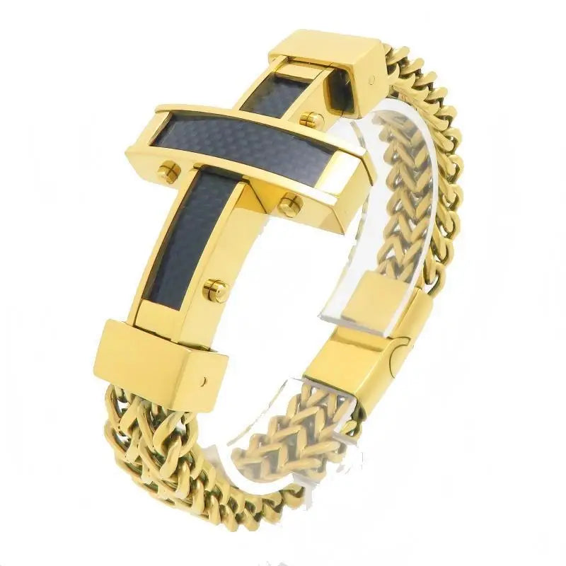 Kalen Hip-hop Luxury Unique Carbon Fiber Cross Double-Sided Chain Bracelet Magnetic Clasp Stainless Steel Men's Bracelet