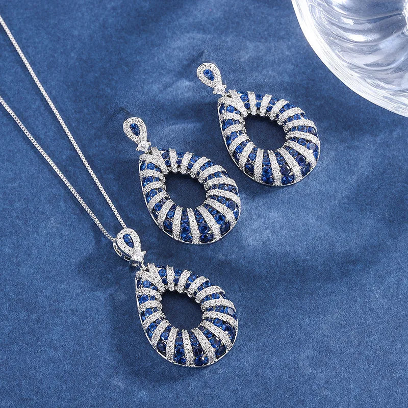 Gemfiori Korean Style Earrings Pendant Inlaid with Blue Zircon Set Personalized Design Fashionable Jewelry