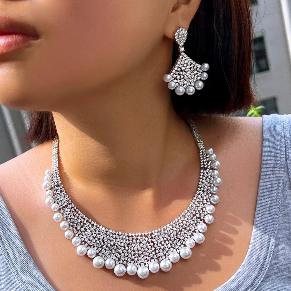 Super Luxurious White Cubic Zirconia Necklace and Earrings Imitation Pearl Wedding Bridal Big Jewelry Set for Women Jewellery