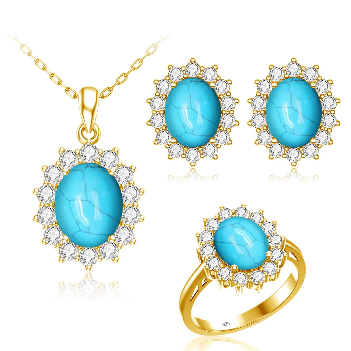 ArtistA 18K Gold Plated Opal Jewelry Sets Classic Princess Diana Style Ring Stud Necklace Wedding Silver Jewelry Set