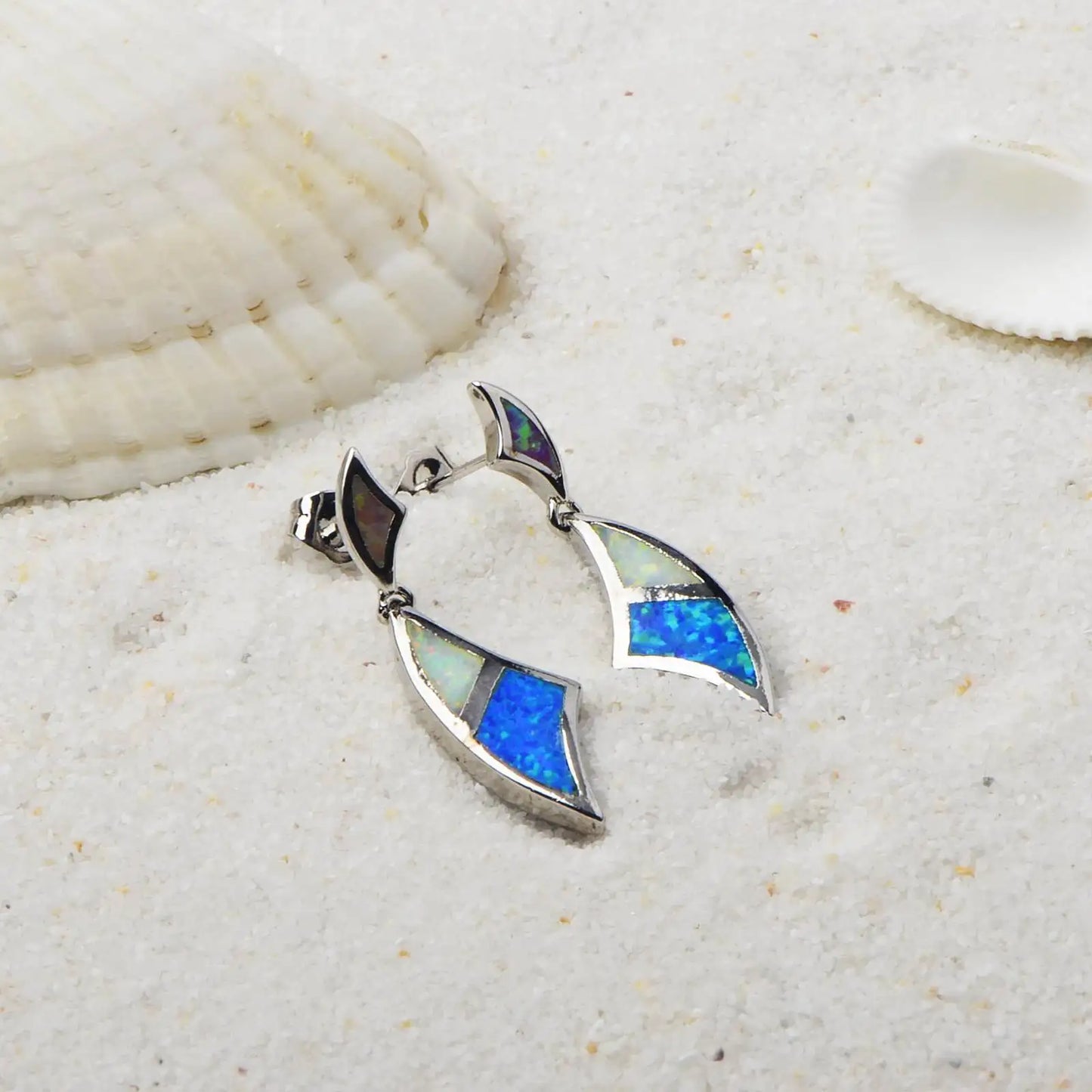 Sleek Wave-Shaped Opal Dangle Earrings - Shimmering Bi-Color Opal Inlays | Elegant Layered Jewelry Bulk Wholesale