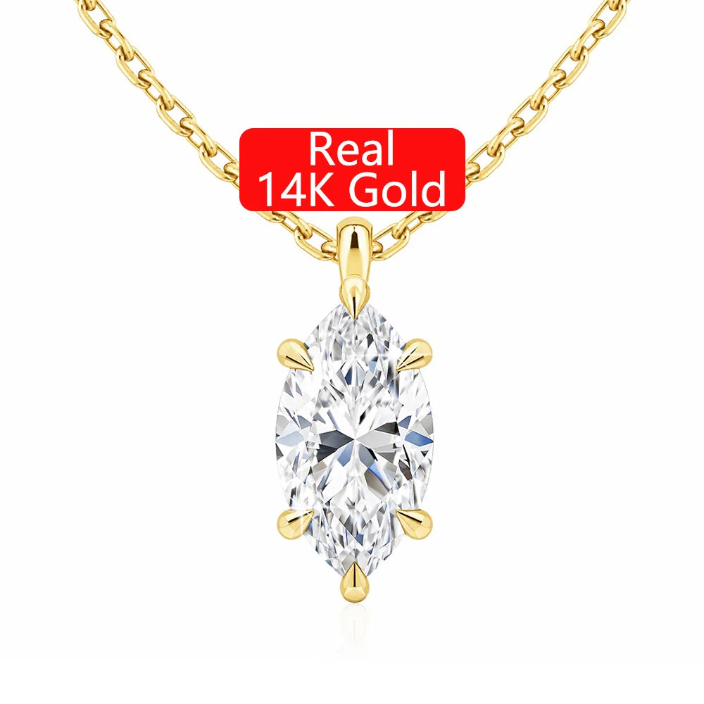 Gemfiori Quality Jewelry Supplier Custom Woman 6 Claws 0.5ct 1ct 2ct Marquise Cut Moissanite Pendant Real 585 14K Gold Jewelry