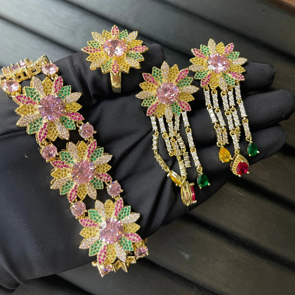 Gemfiori TIANSHE Colorful Zircon Sunflower Earrings Bracelet Ring Women's Luxury Jewelry 3pcs Set for Banquet Accessories