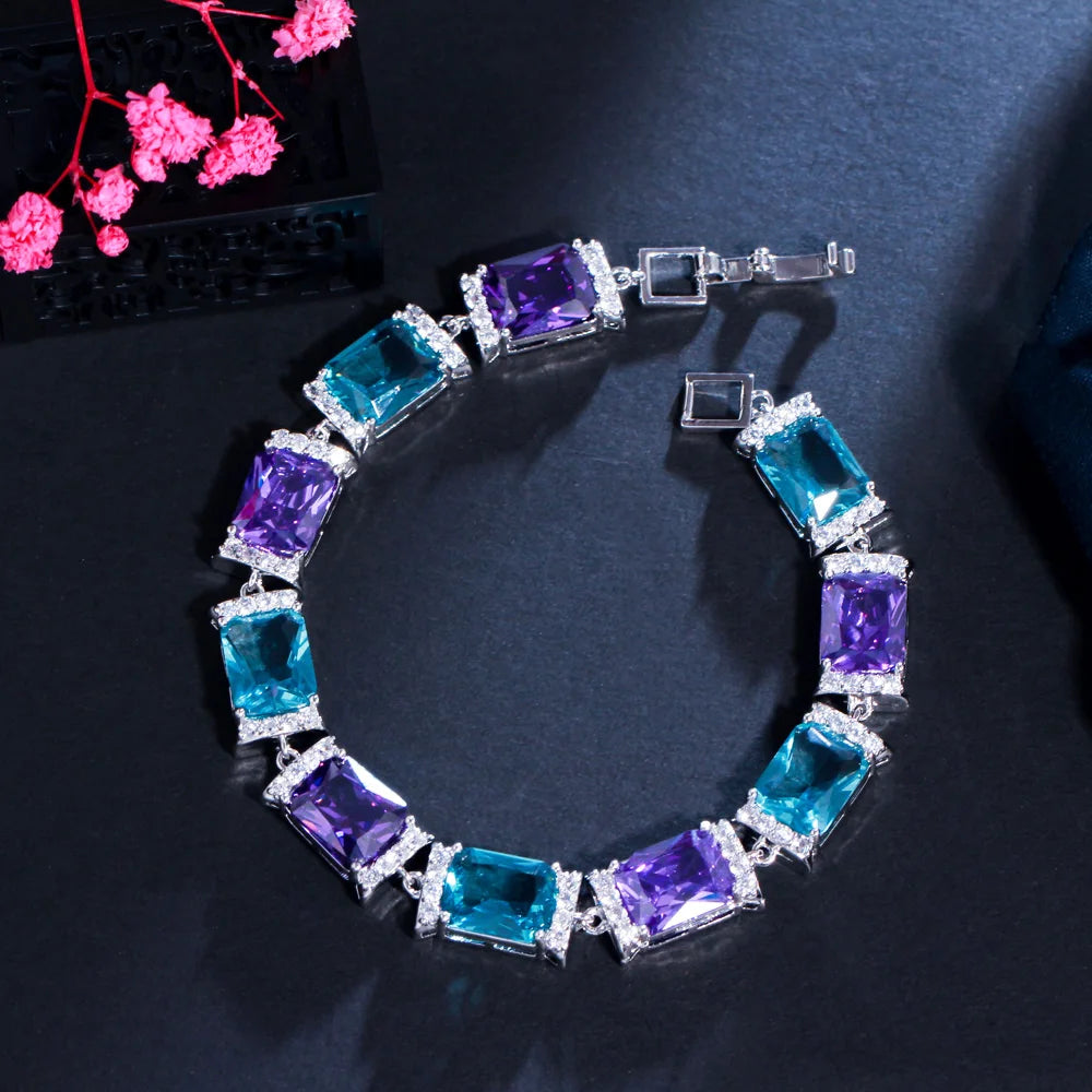 S&S Rectangle CZ Luxury Tennis Bracelet – Purple & Blue – White Gold Plated – Collection
