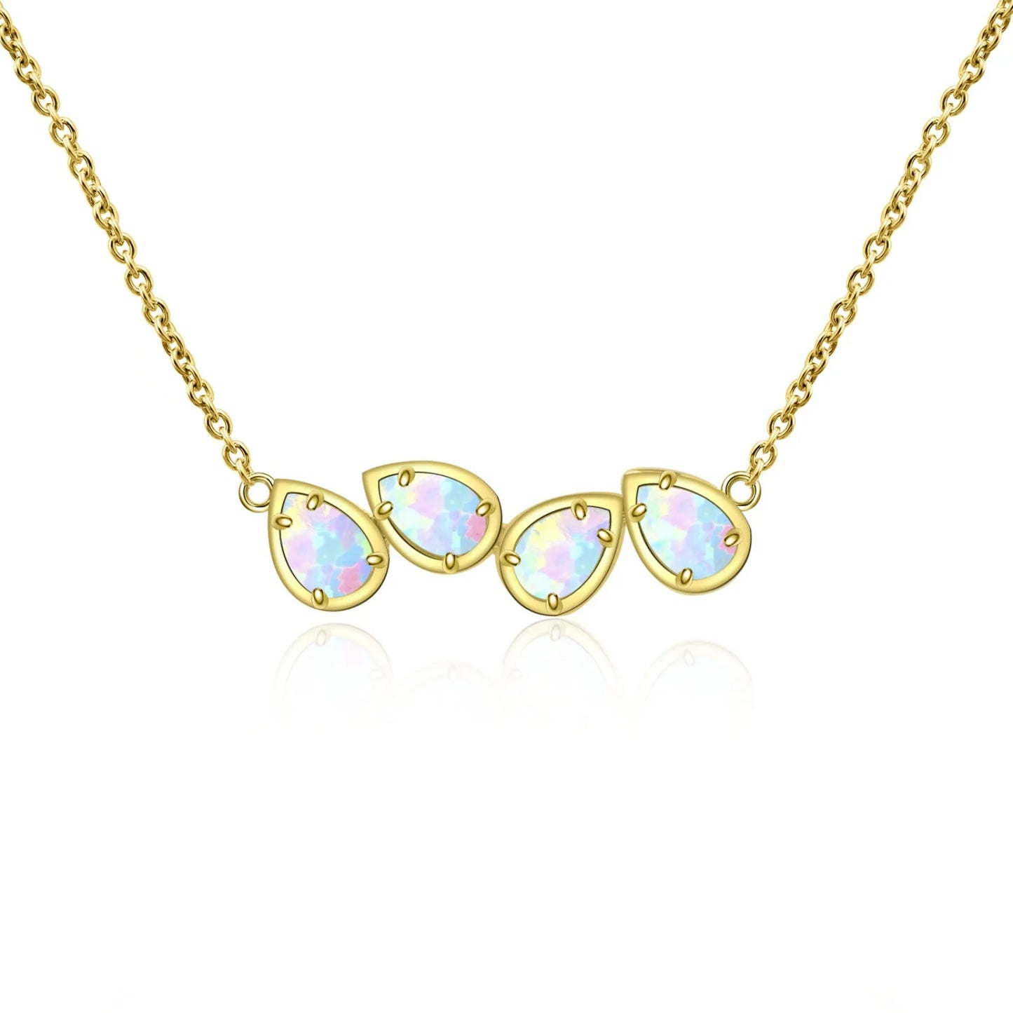 Aobao Christian Gold Plated Copper Alloy Minimalist Water Drop Lab Created Opal Link Chain Sweater Necklace for Women-Gift
