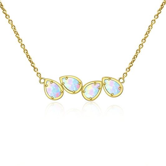 Aobao Christian Gold Plated Copper Alloy Minimalist Water Drop Lab Created Opal Link Chain Sweater Necklace for Women-Gift