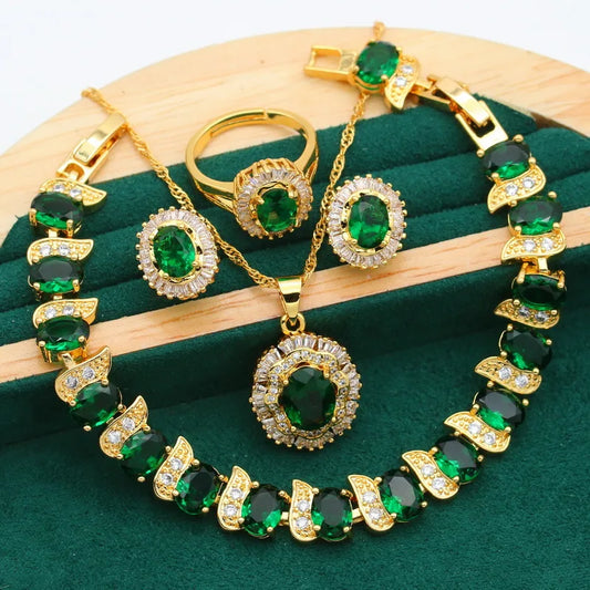 Classic Gold Color Green Emerald Jewelry Set for Women Wedding Party Engagement Open Ring Bracelet Earrings Necklace Pendant