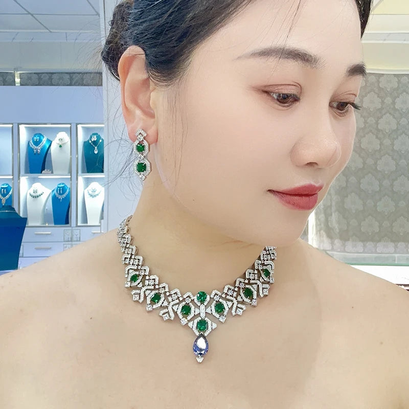 Wedding Jewelry Geometric Hollow Pear Shaped purple Zirconium Necklace Earrings 2-piece Set Brass Fashionable Women's Gift
